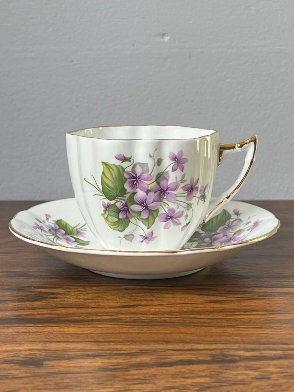 Clarence Bone China Teacup and Saucer Set Purple Violets Made in England 1950s